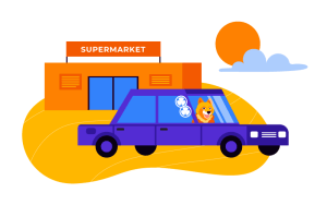 An illustration of a car in front of a supermarket highlighting the risks of heatstroke in animals.