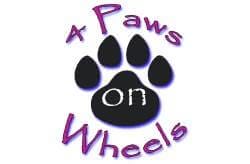 A logo for a pet transport service titled 'Paws on Wheels'.